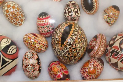 Decorated eggs with detailed folk patterns