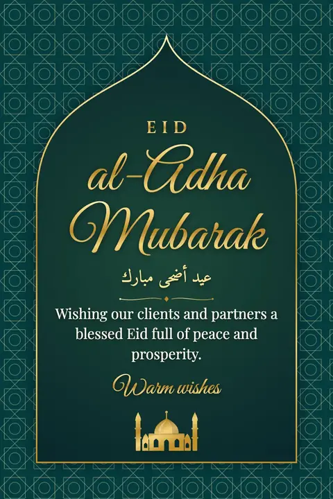 Eid al-Adha wishes image: Wishing our clients and partners a blessed Eid full of peace and prosperity.