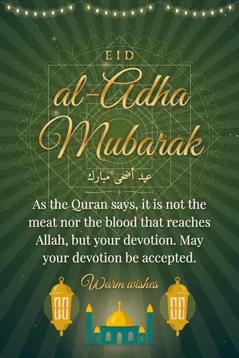 Eid al-Adha wishes image: As the Quran says, it is not the meat nor the blood that reaches Allah, but your devotion. May your devotion be accepted.