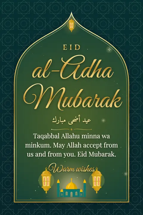 Eid al-Adha wishes image: Taqabbal Allahu minna wa minkum. May Allah accept from us and from you. Eid Mubarak.