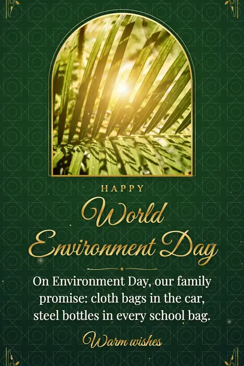 World Environment Day wishes image: On Environment Day, our family promise: cloth bags in the car, steel bottles in every school bag.