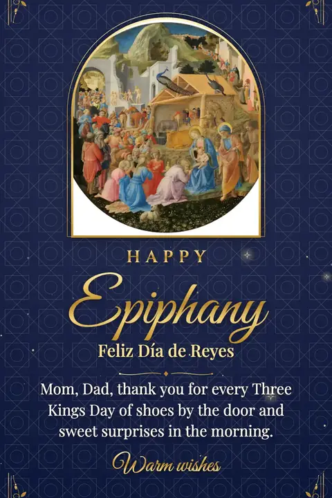 Epiphany wishes image: Mom, Dad, thank you for every Three Kings Day of shoes by the door and sweet surprises in the morning.