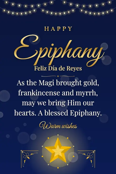 Epiphany wishes image: As the Magi brought gold, frankincense and myrrh, may we bring Him our hearts. A blessed Epiphany.