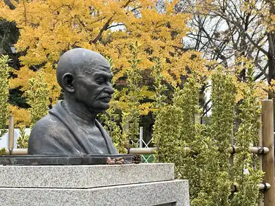 A bronze bust of Gandhi on a stone base in a park with bright yellow autumn leaves