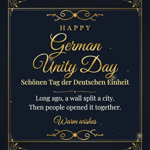 German Unity Day wishes image: Long ago, a wall split a city. Then people opened it together.