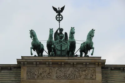 The green bronze chariot with four horses on top of the Brandenburg Gate