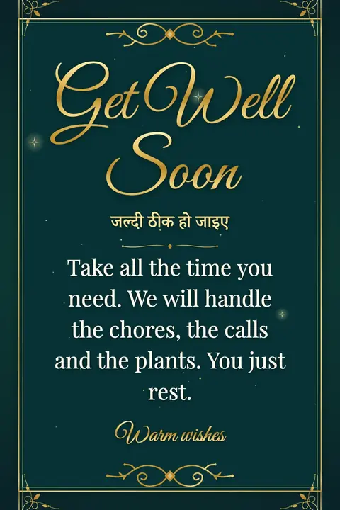 Get Well Soon wishes image: Take all the time you need. We will handle the chores, the calls and the plants. You just rest.