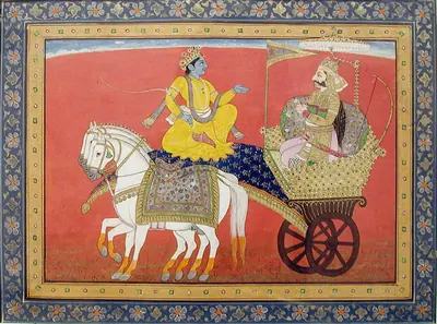 An old painting of Krishna in a chariot with Arjuna on the battlefield, white horses in front