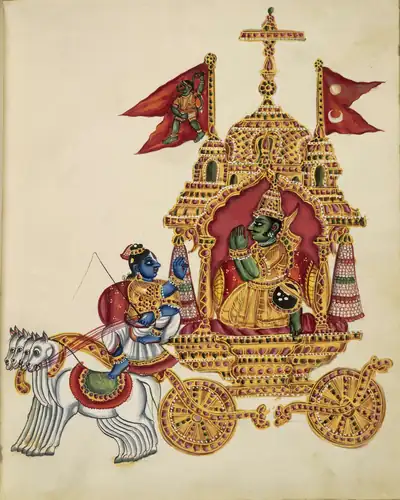 A painting of Krishna driving a golden chariot with Arjuna seated inside