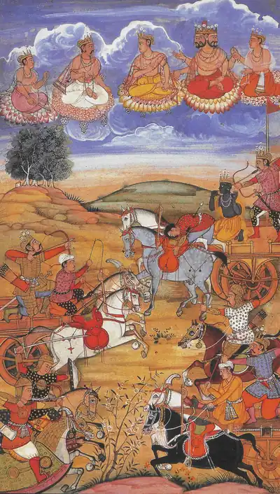 An old painting of warriors in chariots and on horses in battle