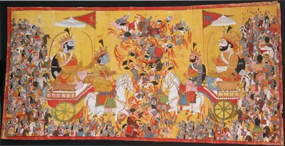 A painting of Arjuna and Krishna in a chariot facing a crowd of warriors