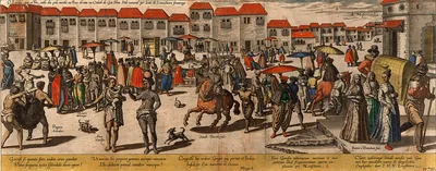 Old hand coloured engraving of a busy street market with horsemen, traders and red roofed houses