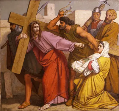 Old painting of Jesus carrying the cross with people around him