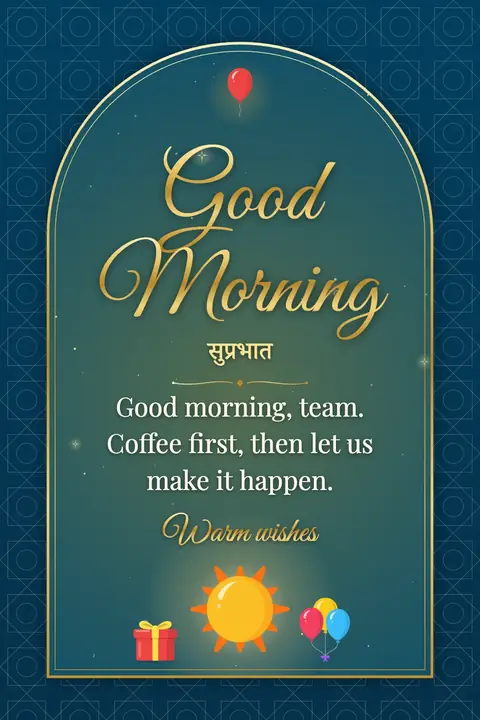 Good Morning wishes image: Good morning, team. Coffee first, then let us make it happen.