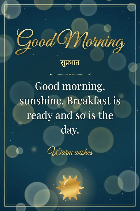 Good Morning wishes image: Good morning, sunshine. Breakfast is ready and so is the day.