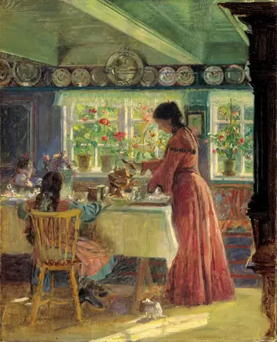 A painting of a woman pouring morning coffee at a table by a window