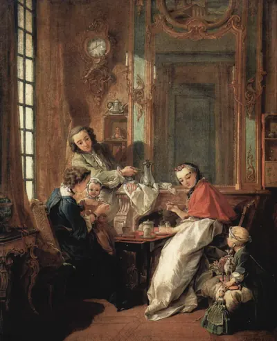 An old painting of a family having breakfast together