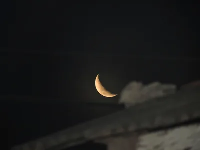A thin golden crescent moon in a dark night sky