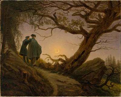 A painting of two men watching a crescent moon by a tree