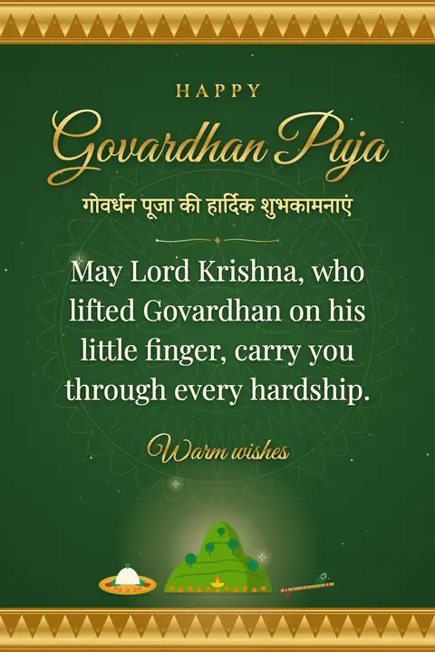 Govardhan Puja wishes image: May Lord Krishna, who lifted Govardhan on his little finger, carry you through every hardship.
