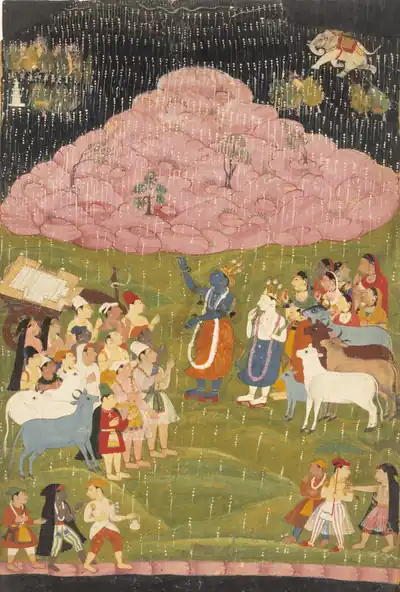 An old painting of Krishna holding up a pink hill over villagers and cows in the rain