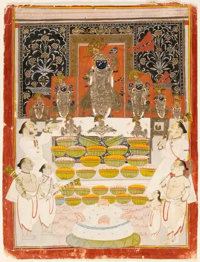 A temple painting of a priest before the deity Shrinathji, with rows of food offerings