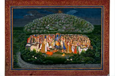 A painting of Krishna under a great green hill, with crowds of people and cattle sheltering below