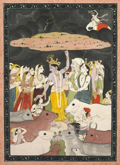 An 18th century Kangra painting of Krishna raising the hill above herders and cows