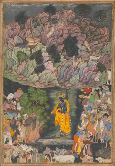 An old painting of young Krishna holding up a rocky hill as villagers gather beneath
