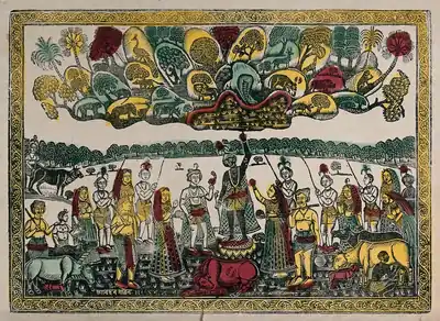 An old engraving of Krishna lifting a hill over a crowd