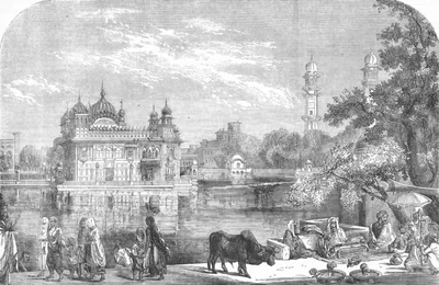 Old engraving of the Golden Temple with people by the pool