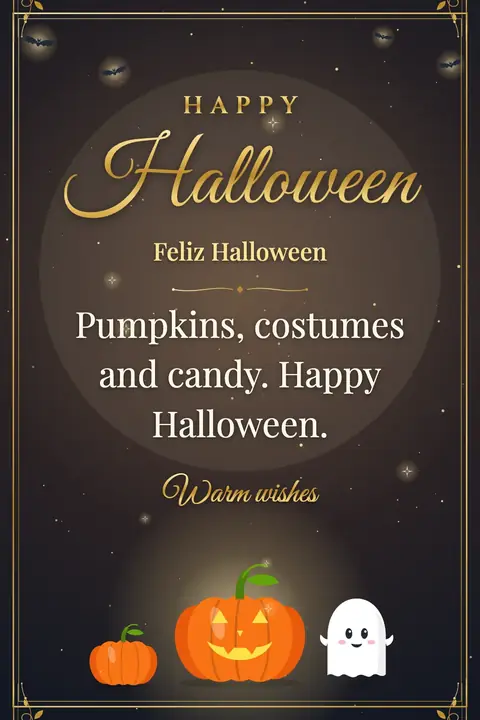 Halloween wishes image: Pumpkins, costumes and candy. Happy Halloween.