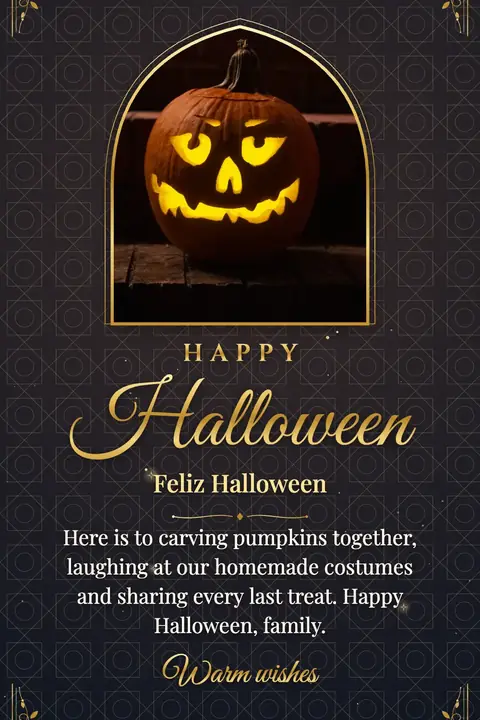 Halloween wishes image: Here is to carving pumpkins together, laughing at our homemade costumes and sharing every last treat. Happy Halloween, family.