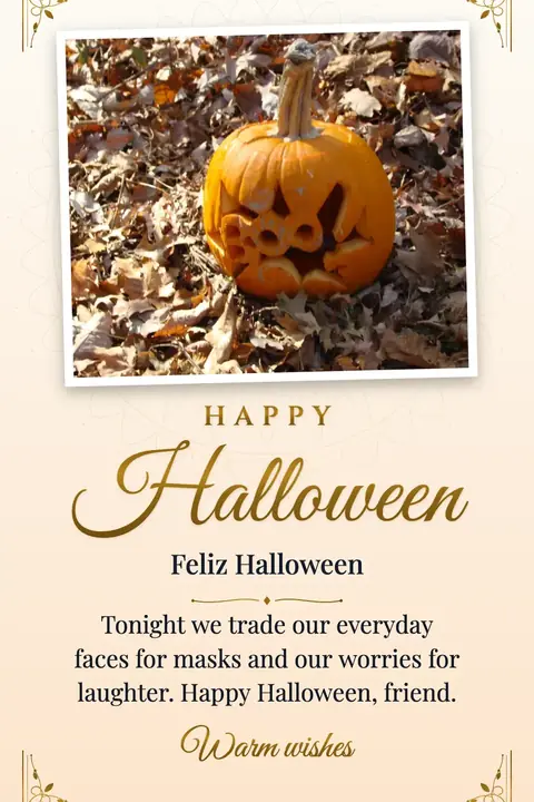 Halloween wishes image: Tonight we trade our everyday faces for masks and our worries for laughter. Happy Halloween, friend.