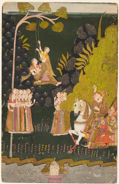 An old painting of women swinging from a tree while a ruler on horseback rides past