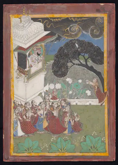 An early 19th century painting of women gathered in a garden near a palace for the Teej festival