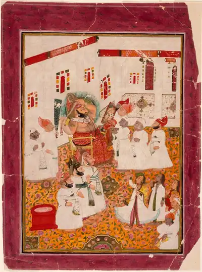 A royal court painting of a king seated with his courtiers at a festive gathering