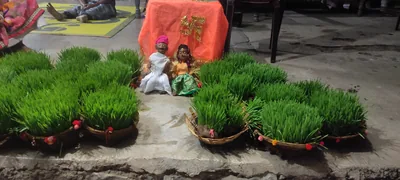 Baskets of fresh green sprouts set out with small figures of a couple for a Teej festival