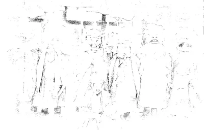 Old photograph of monks in Cham dance masks and robes