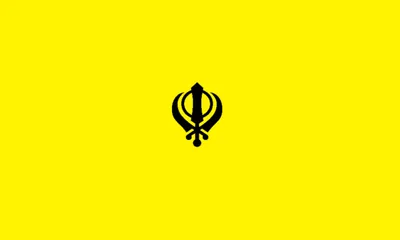 The Khanda emblem in black on a saffron yellow flag