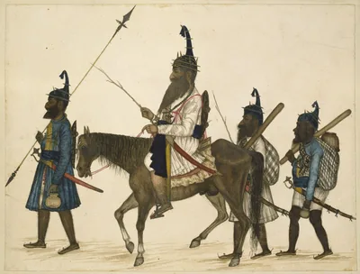 Old painting of a Sikh horseman with spear, followed by warriors on foot