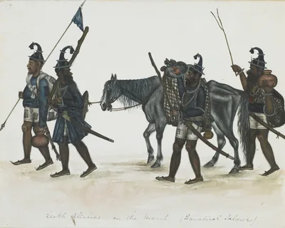 Old painting of Sikh warriors marching with horses and spears