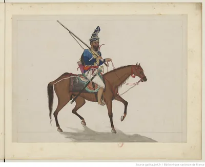 Old painting of a Sikh horseman with a spear on a brown horse