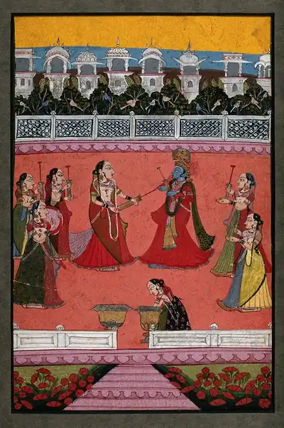 An old painting of Radha and Krishna with women spraying coloured water in a palace courtyard