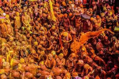 A packed crowd covered in orange colour, seen from above