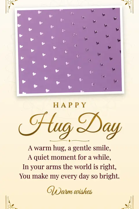 Hug Day wishes image: A warm hug, a gentle smile, A quiet moment for a while, In your arms the world is right, You make my every day so bright.