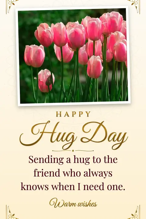 Hug Day wishes image: Sending a hug to the friend who always knows when I need one.