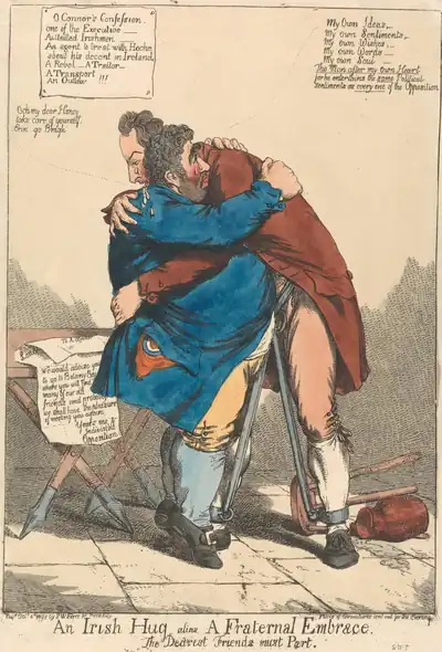 An old print of two men in a big hug