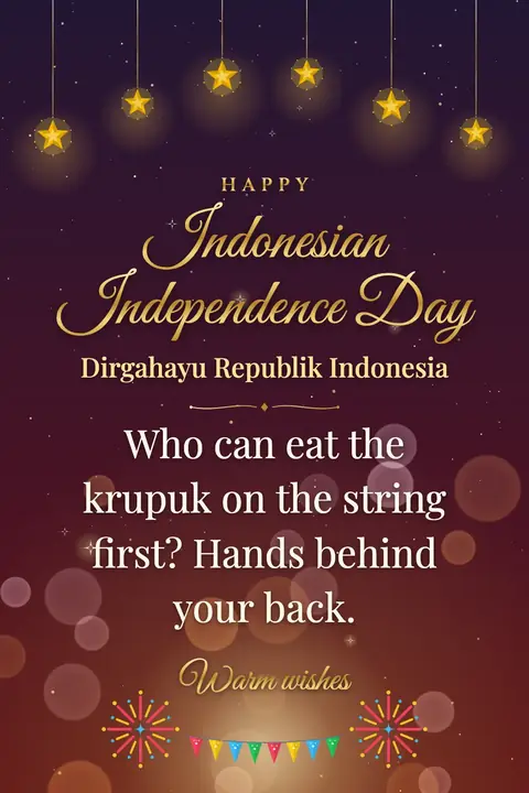 Indonesia Independence Day wishes image: Who can eat the krupuk on the string first? Hands behind your back.