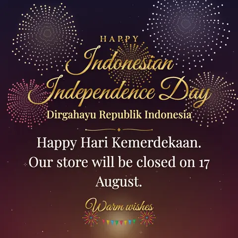 Indonesia Independence Day wishes image: Happy Hari Kemerdekaan. Our store will be closed on 17 August.